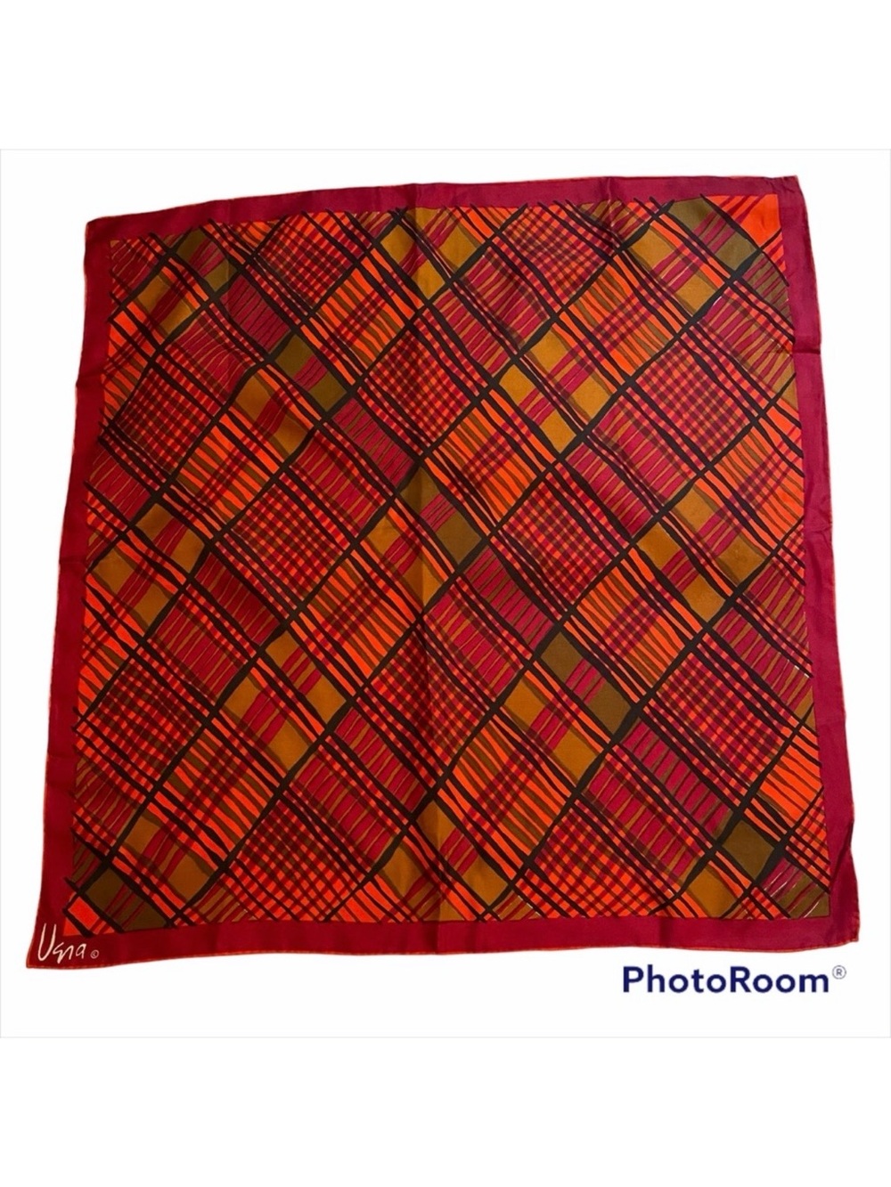 VERA SCARF SILK VINTAGE RED BLACK TAN PLAID SQUARE
